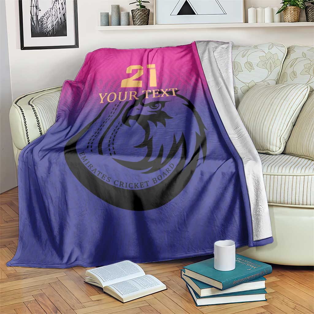 Cricket blanket with pink and blue gradient, number 21 and falcon emblem printed