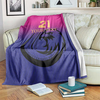 Cricket blanket with pink and blue gradient, number 21 and falcon emblem printed