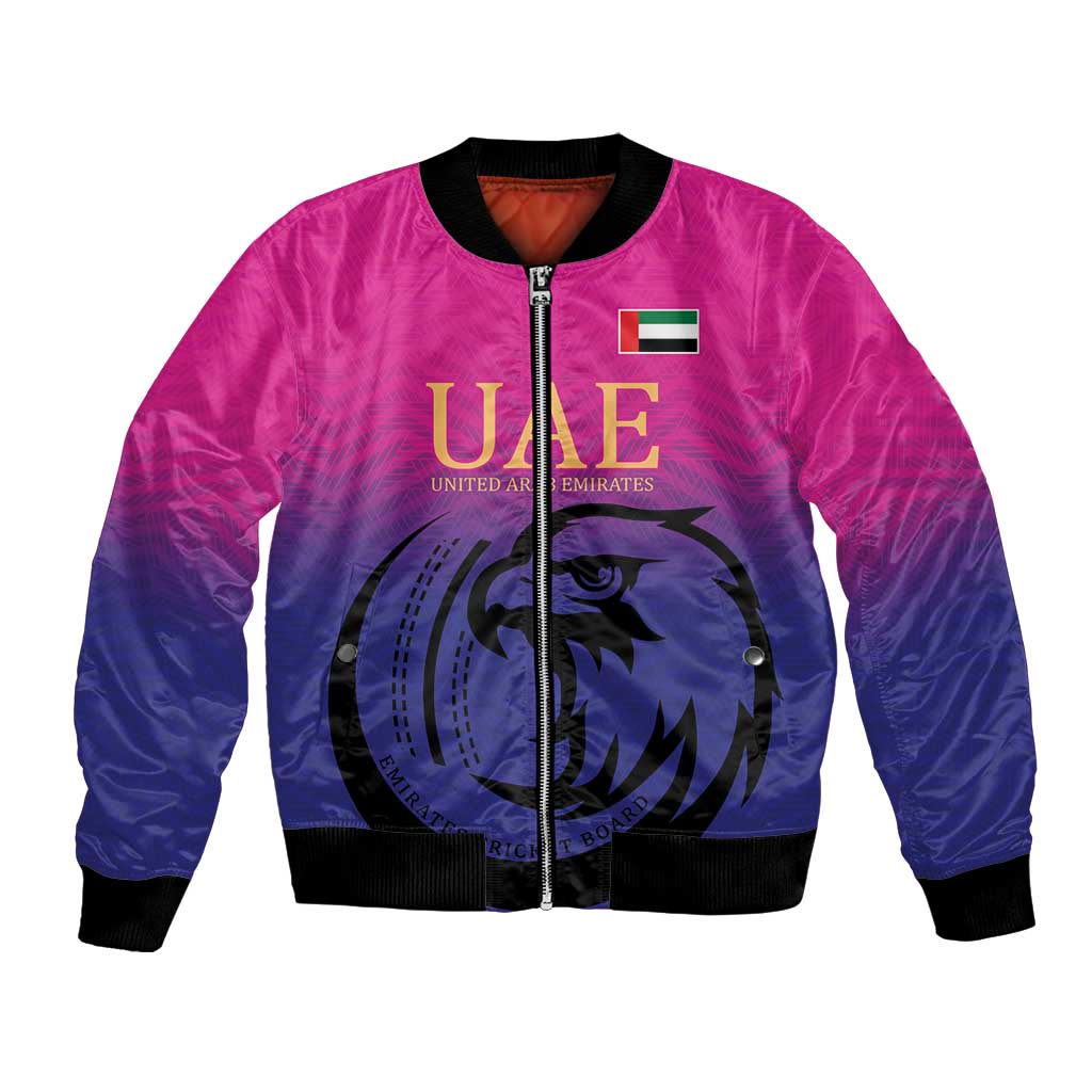 Unisex pink and navy bomber jacket with full-zip front, UAE flag, and falcon graphic