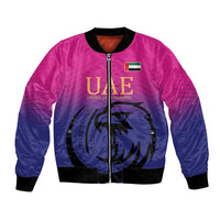 Unisex pink and navy bomber jacket with full-zip front, UAE flag, and falcon graphic