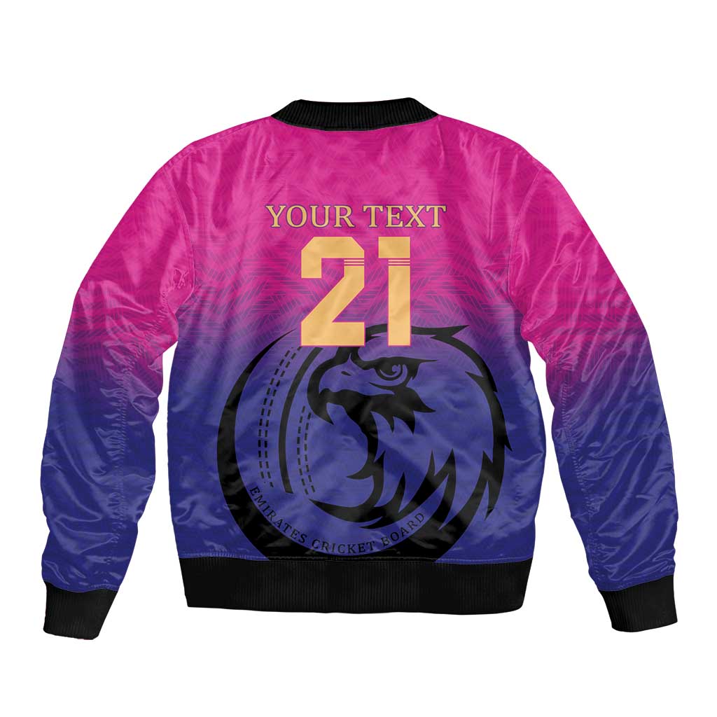 Unisex pink and navy bomber jacket back with 'YOUR TEXT 21' and large falcon emblem