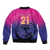 Unisex pink and navy bomber jacket back with 'YOUR TEXT 21' and large falcon emblem