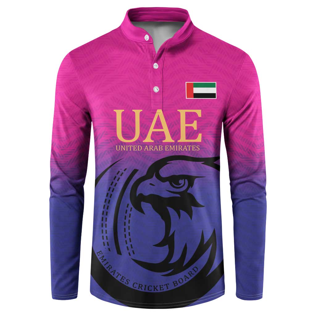 Pink and dark blue cricket button sweatshirt with UAE emblem and falcon graphic, long sleeves