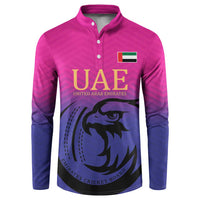 Pink and dark blue cricket button sweatshirt with UAE emblem and falcon graphic, long sleeves