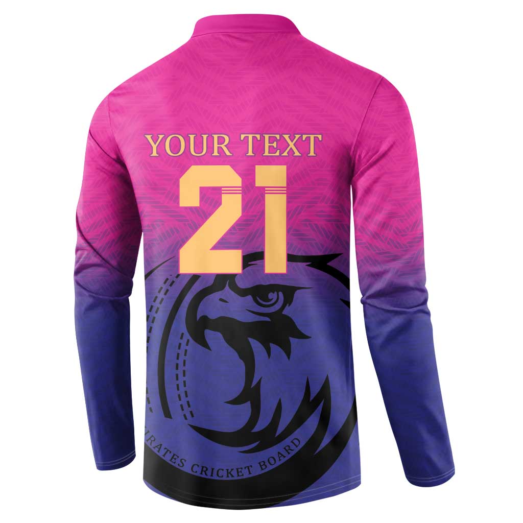 Back view: pink and dark blue cricket sweatshirt with YOUR TEXT 21 and falcon graphic