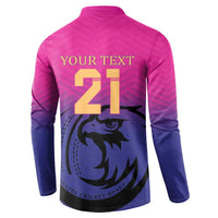 Back view: pink and dark blue cricket sweatshirt with YOUR TEXT 21 and falcon graphic