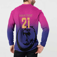 Back view: pink and dark blue cricket sweatshirt with YOUR TEXT 21 and falcon graphic, long sleeves