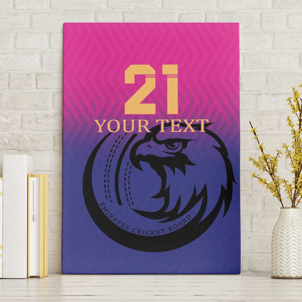Pink and blue cricket canvas wall art with gold '21' and black falcon emblem