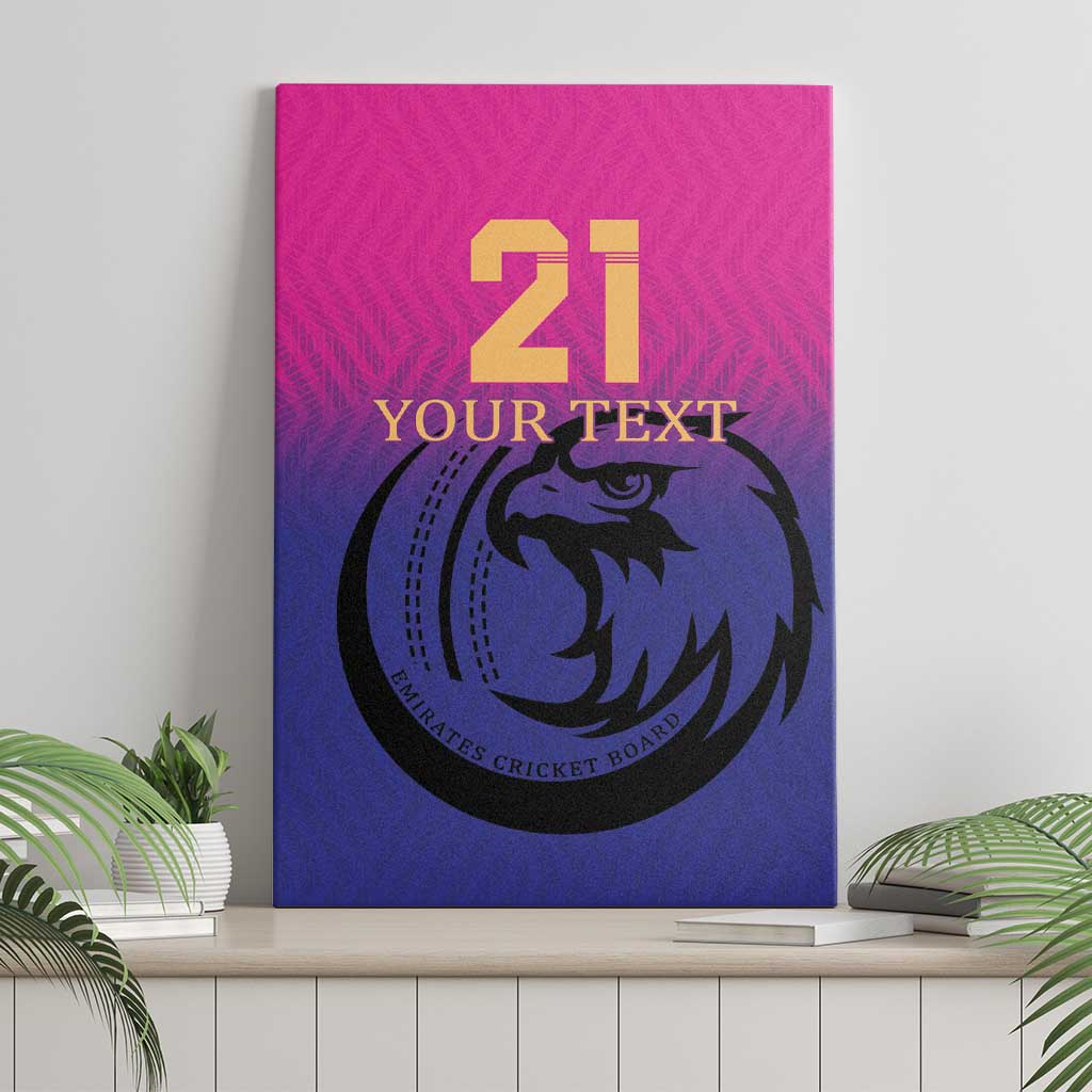 Pink and blue cricket canvas wall art featuring gold '21', 'YOUR TEXT', and falcon logo
