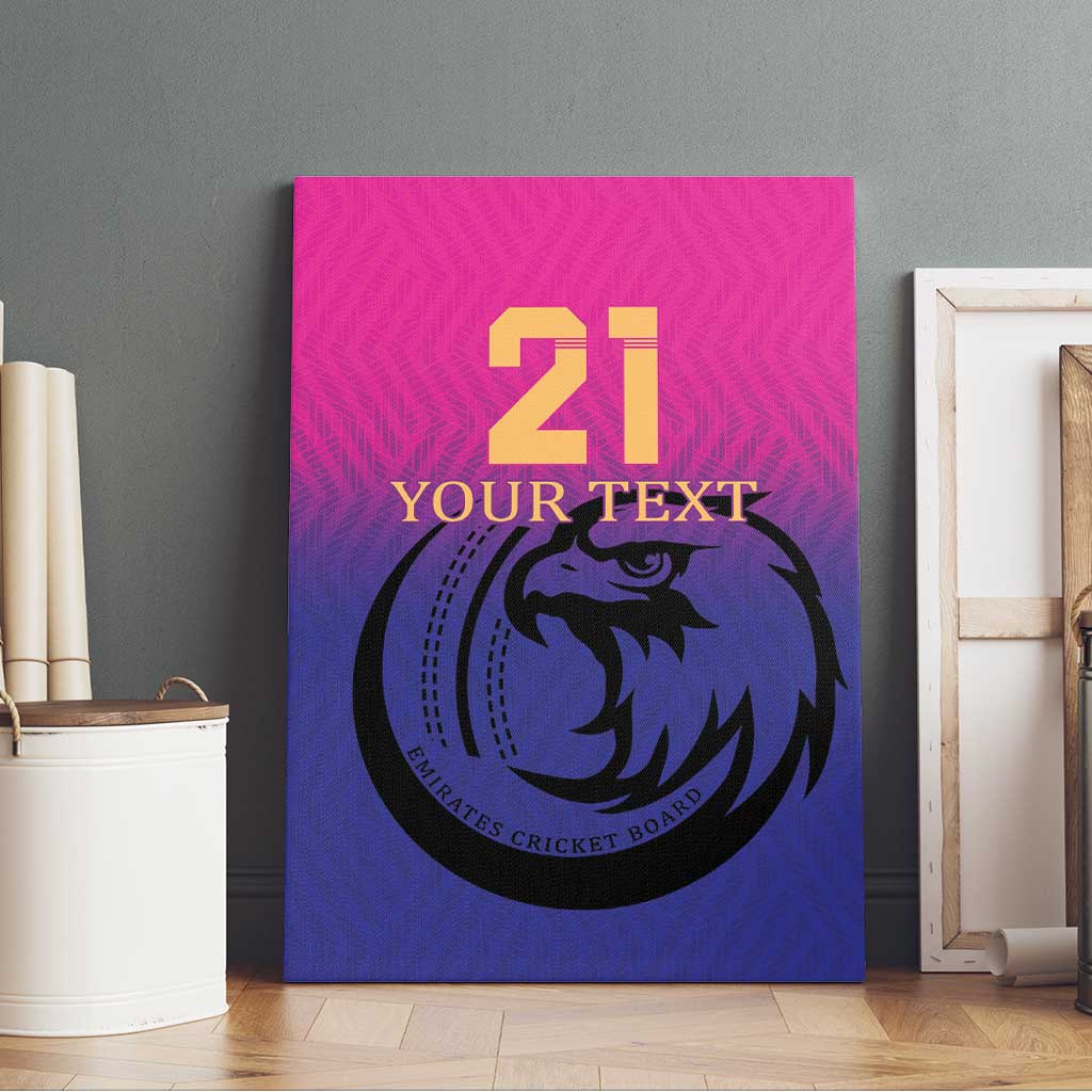 Pink and blue cricket canvas wall art with gold '21', 'YOUR TEXT', and falcon logo