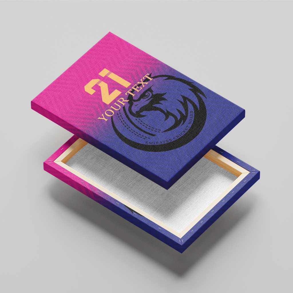 Pink and blue cricket canvas wall art with gold '21' and black falcon emblem, 3D view