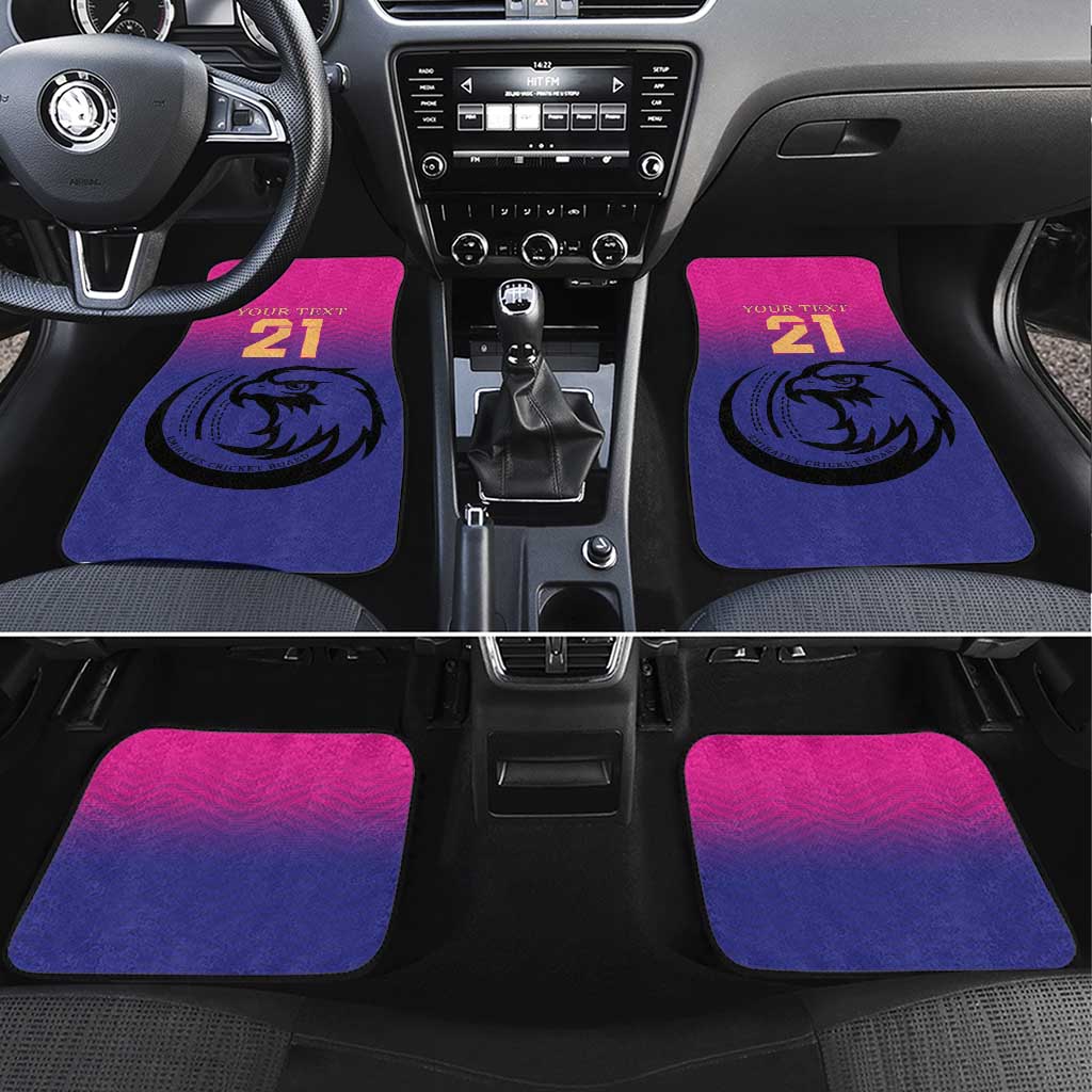Pink and purple cricket-themed car floor mats with falcon logo and number 21, set of four.