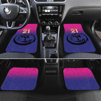 Pink and purple cricket-themed car floor mats with falcon logo and number 21, set of four.