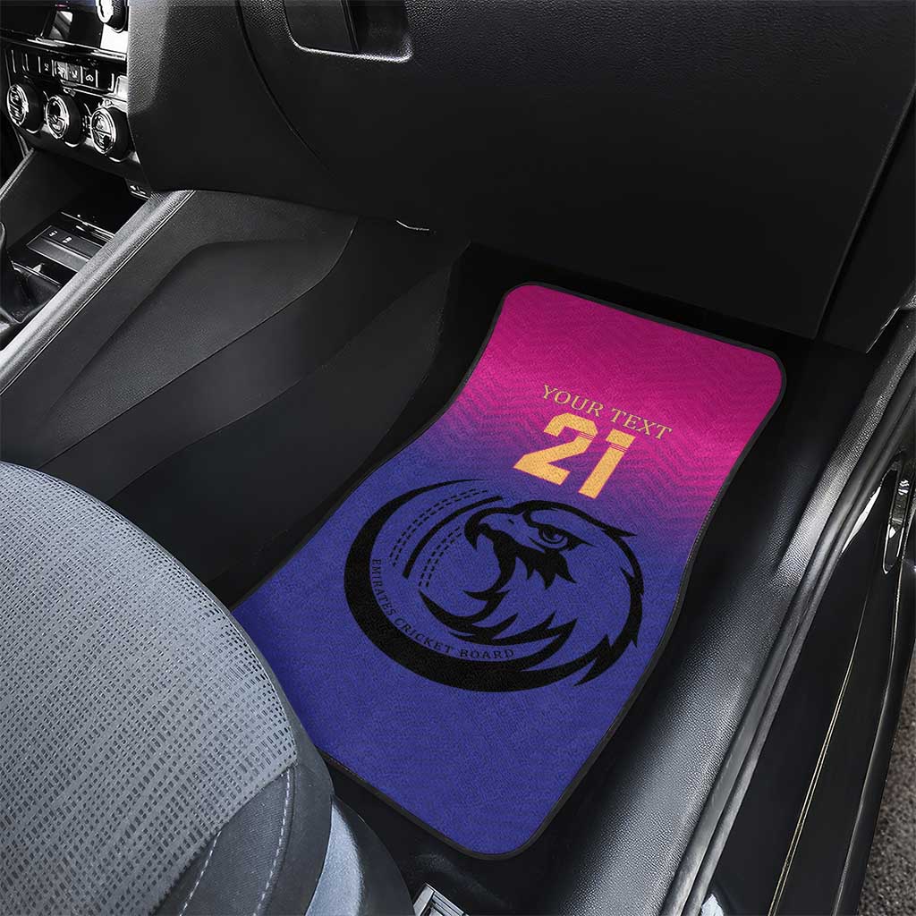 Purple-blue front car floor mat with pink top, falcon logo and number 21, custom text.