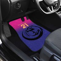 Pink and blue car floor mat with falcon emblem and number 21, custom text area.