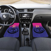 Cricket logo car floor mats in pink and blue, falcon emblem and number 21, custom text.