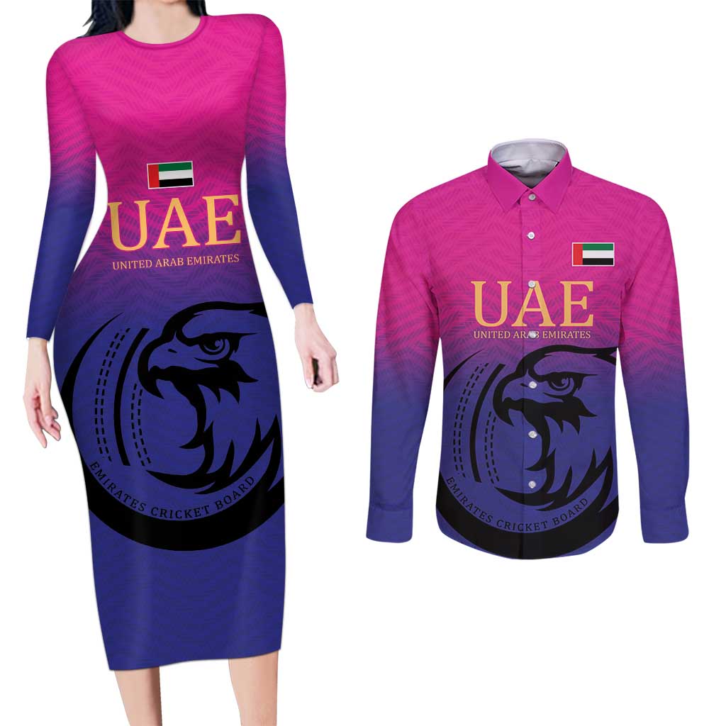 Custom UAE Cricket Couples Matching Long Sleeve Bodycon Dress and Long Sleeve Button Shirt United Arab Emirates Falcon Sporty Pattern LT9 - Wonder Print Shop