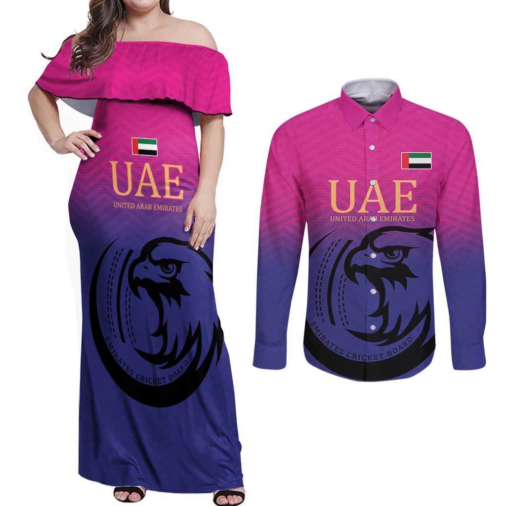 Custom UAE Cricket Couples Matching Off Shoulder Maxi Dress and Long Sleeve Button Shirt United Arab Emirates Falcon Sporty Pattern LT9 - Wonder Print Shop