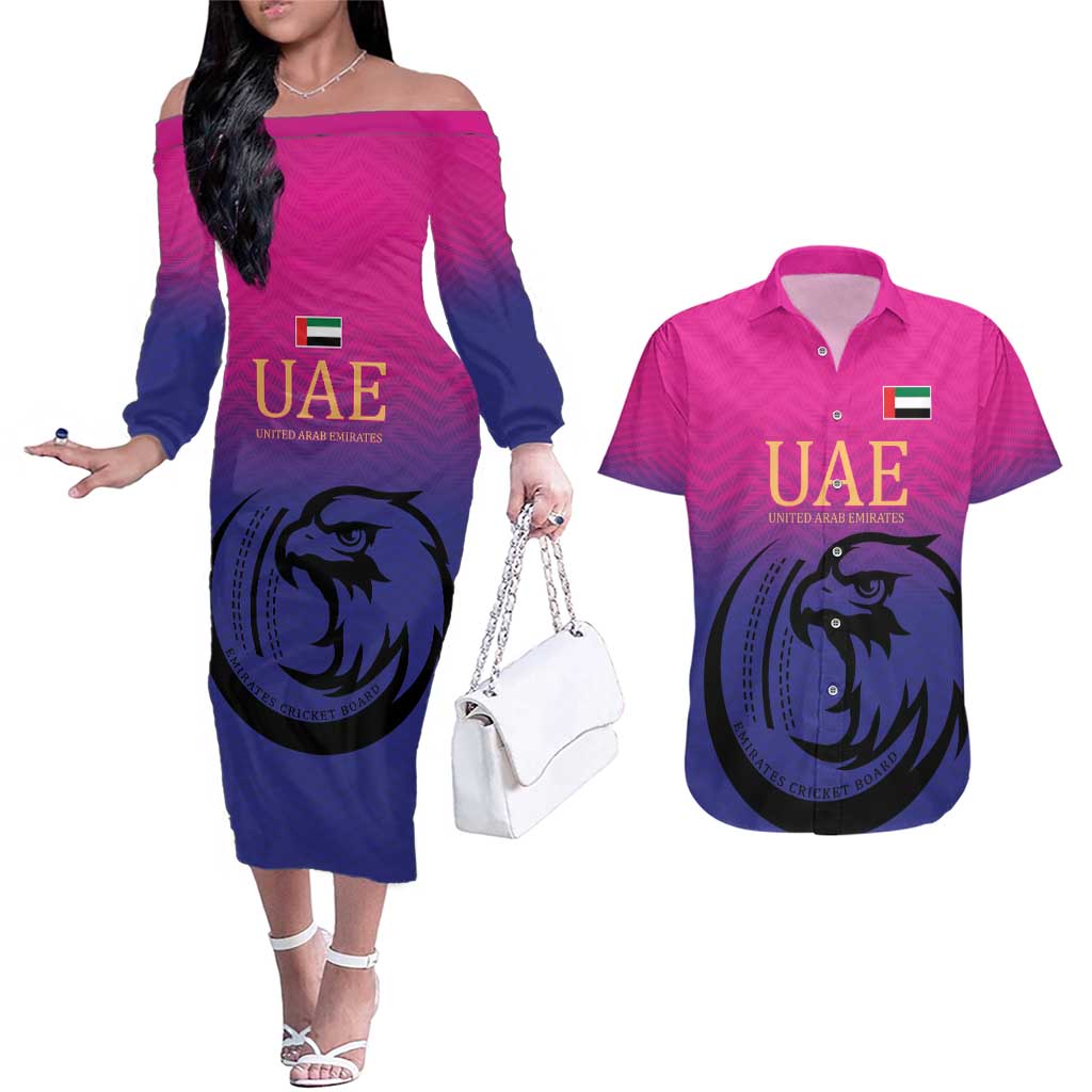 Custom UAE Cricket Couples Matching Off The Shoulder Long Sleeve Dress and Hawaiian Shirt United Arab Emirates Falcon Sporty Pattern LT9 - Wonder Print Shop