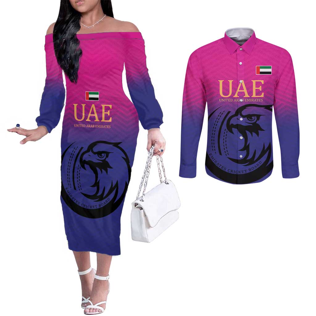 Custom UAE Cricket Couples Matching Off The Shoulder Long Sleeve Dress and Long Sleeve Button Shirt United Arab Emirates Falcon Sporty Pattern