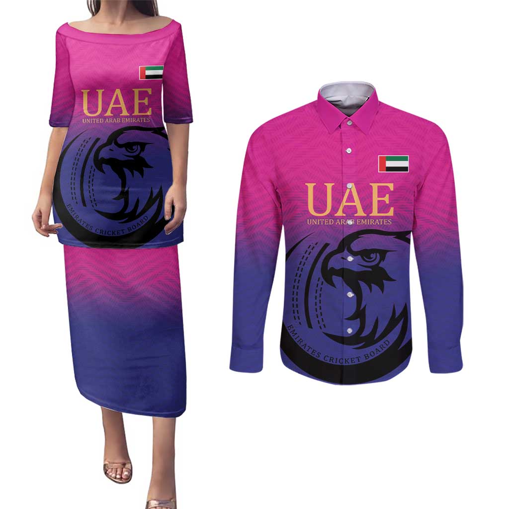 Custom UAE Cricket Couples Matching Puletasi and Long Sleeve Button Shirt United Arab Emirates Falcon Sporty Pattern LT9 - Wonder Print Shop