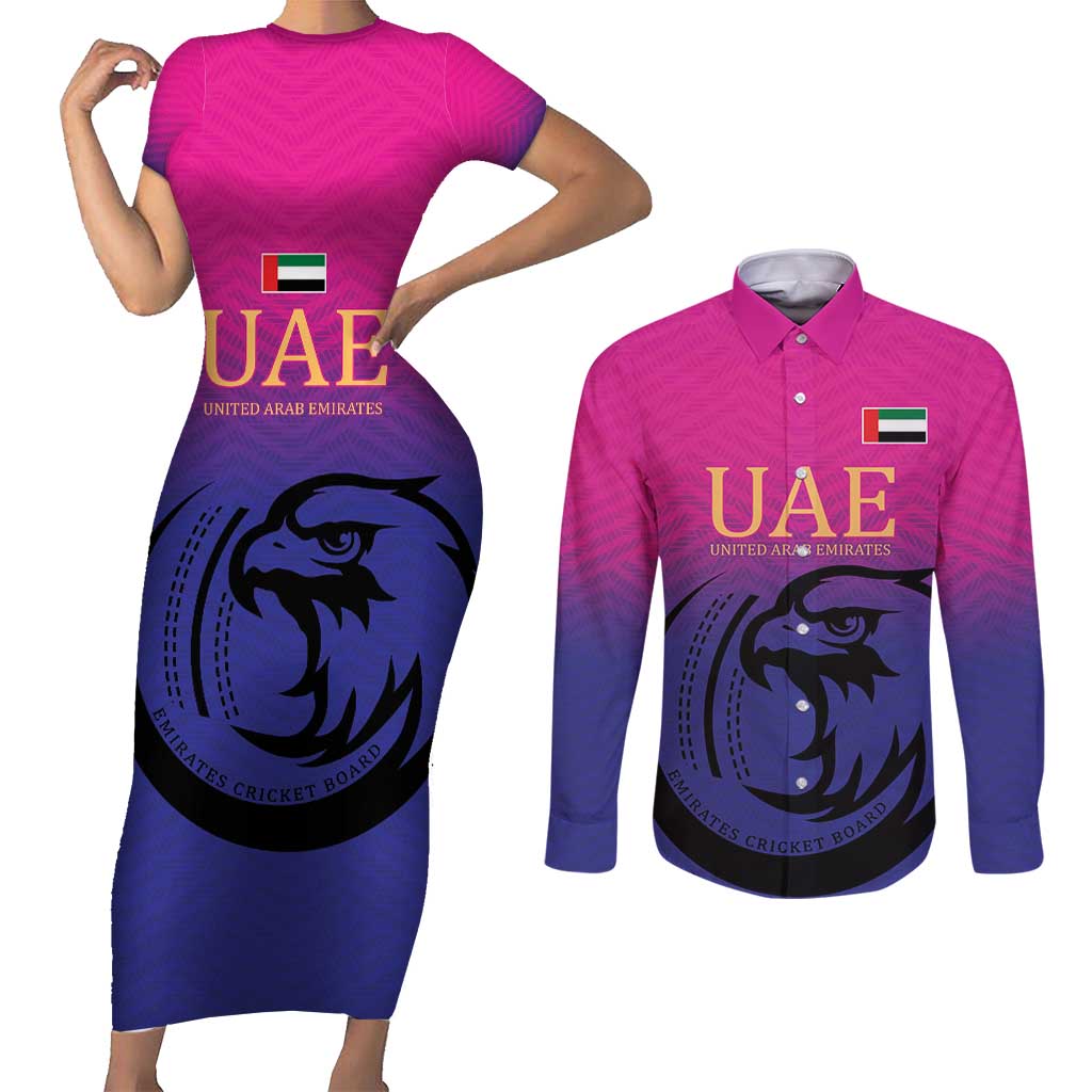 Custom UAE Cricket Couples Matching Short Sleeve Bodycon Dress and Long Sleeve Button Shirt United Arab Emirates Falcon Sporty Pattern LT9 - Wonder Print Shop