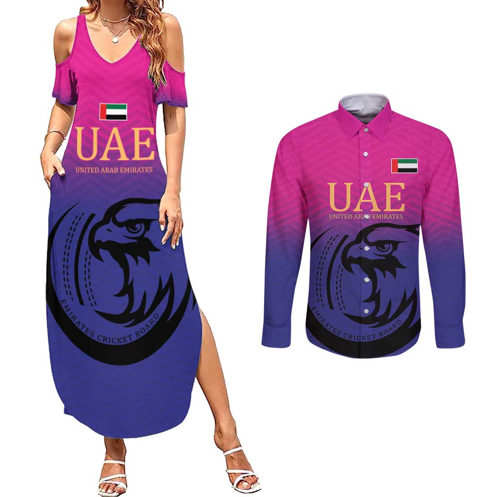 Custom UAE Cricket Couples Matching Summer Maxi Dress and Long Sleeve Button Shirt United Arab Emirates Falcon Sporty Pattern LT9 - Wonder Print Shop