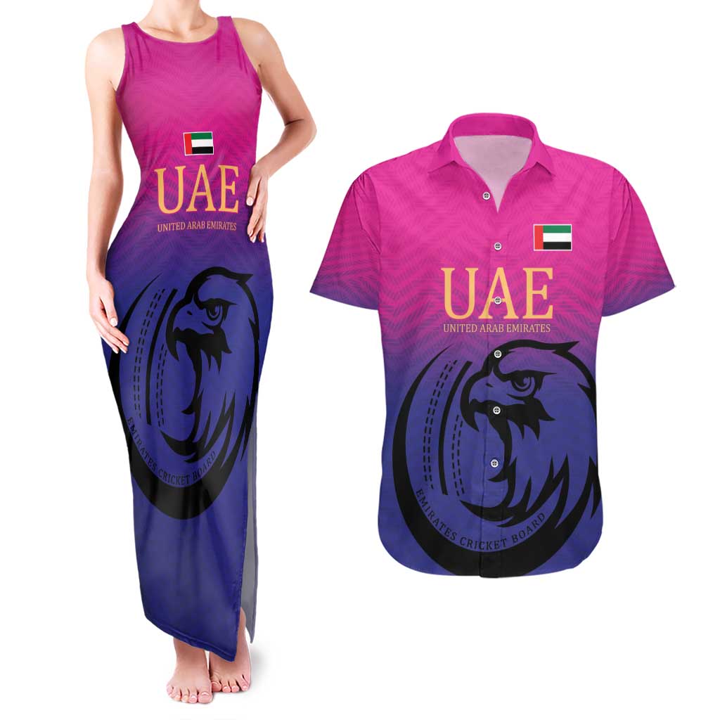 Custom UAE Cricket Couples Matching Tank Maxi Dress and Hawaiian Shirt United Arab Emirates Falcon Sporty Pattern LT9 - Wonder Print Shop