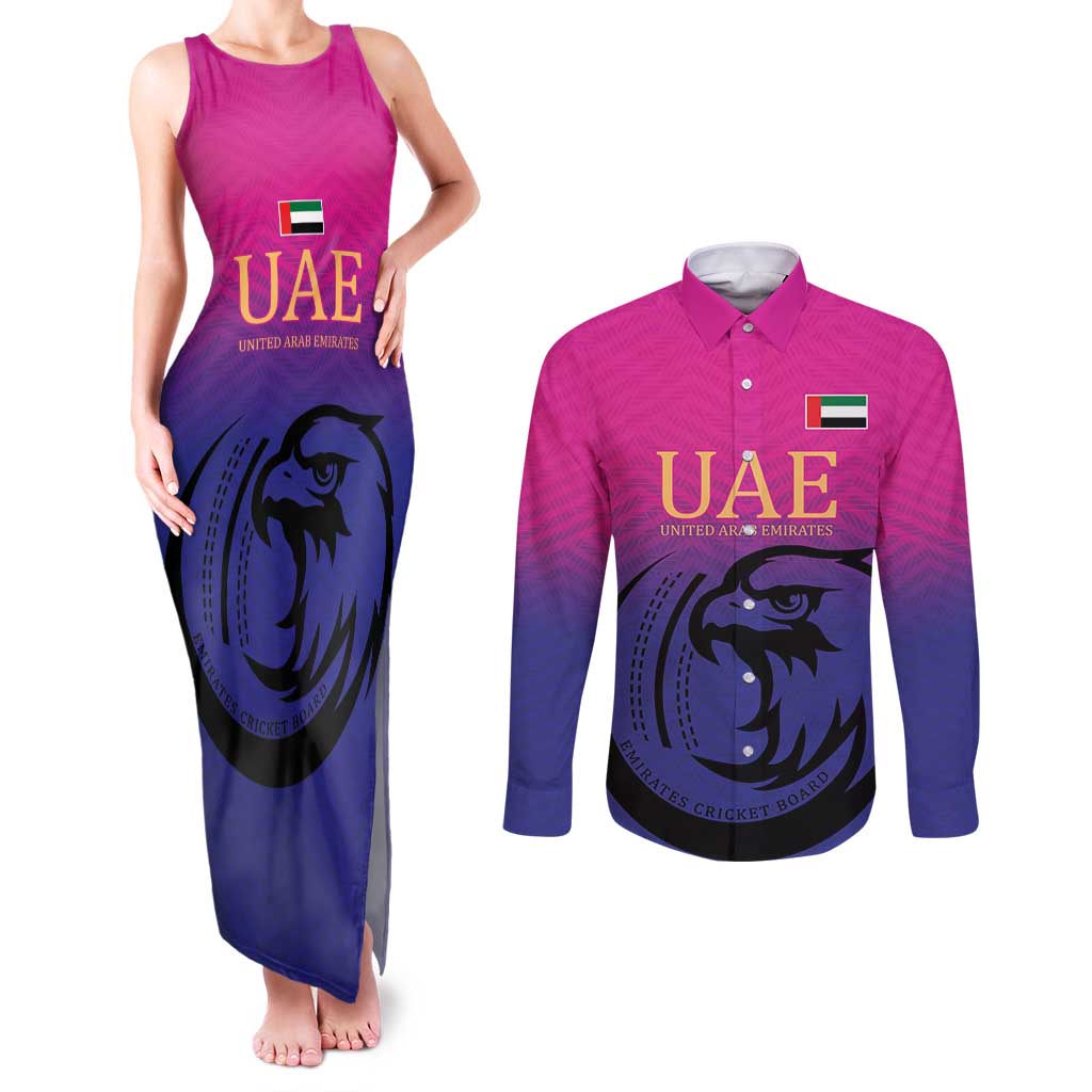 Custom UAE Cricket Couples Matching Tank Maxi Dress and Long Sleeve Button Shirt United Arab Emirates Falcon Sporty Pattern LT9 - Wonder Print Shop