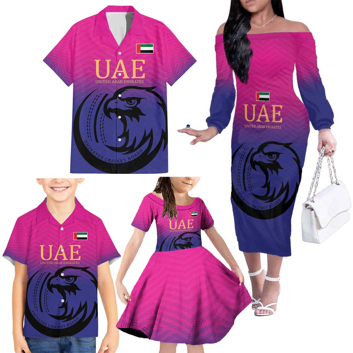 Custom UAE Cricket Family Matching Off The Shoulder Long Sleeve Dress and Hawaiian Shirt United Arab Emirates Falcon Sporty Pattern - Wonder Print Shop