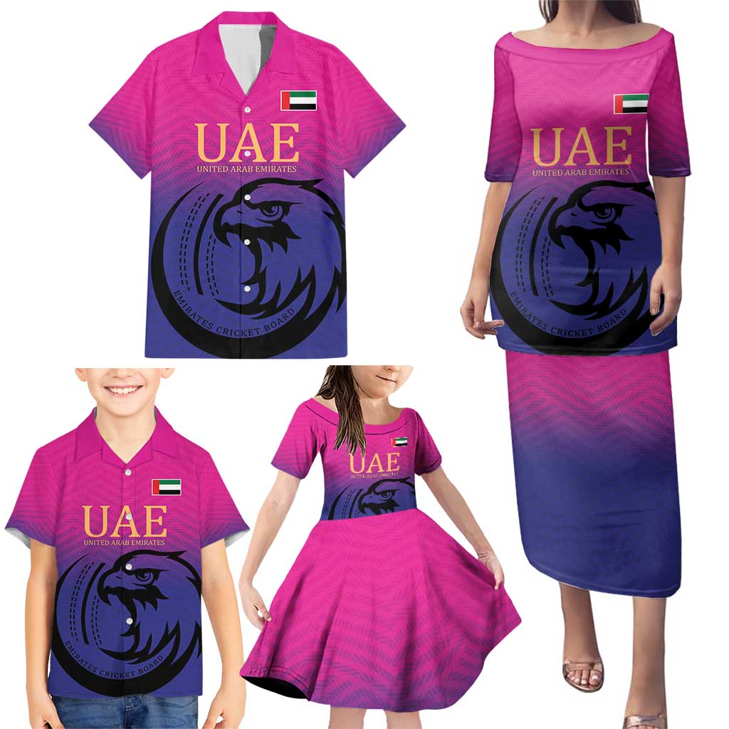 Custom UAE Cricket Family Matching Puletasi and Hawaiian Shirt United Arab Emirates Falcon Sporty Pattern - Wonder Print Shop