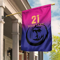 Pink and purple cricket garden flag with 21, 'YOUR TEXT', and falcon emblem