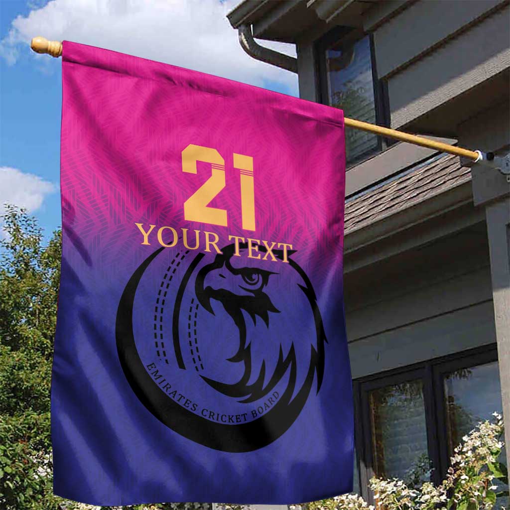 Pink and blue cricket garden flag with 21, 'YOUR TEXT', and falcon emblem