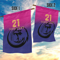 Two-sided cricket garden flags (Side 1/Side 2) with 21, 'YOUR TEXT', falcon emblem