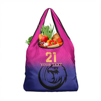 Pink-to-purple gradient grocery tote bag with falcon logo, number 21, and custom text