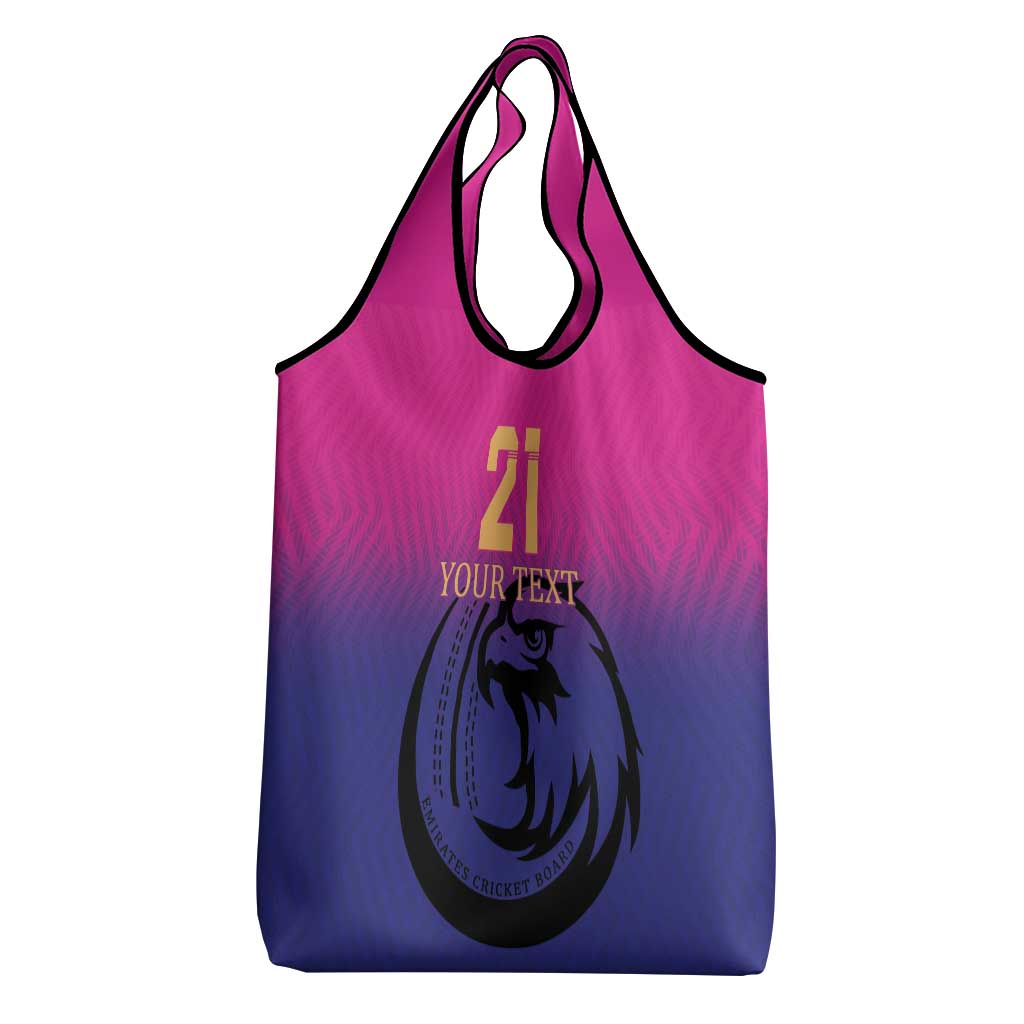 Pink-to-purple gradient grocery tote bag with falcon emblem and number 21