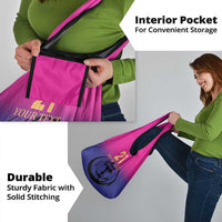 Pink-to-purple tote bag with interior pocket and sturdy stitching, falcon logo and number 21