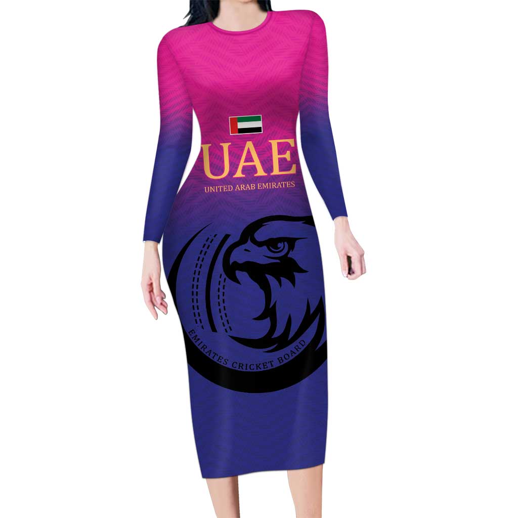 Custom UAE Cricket Long Sleeve Bodycon Dress United Arab Emirates Falcon Sporty Pattern - Wonder Print Shop