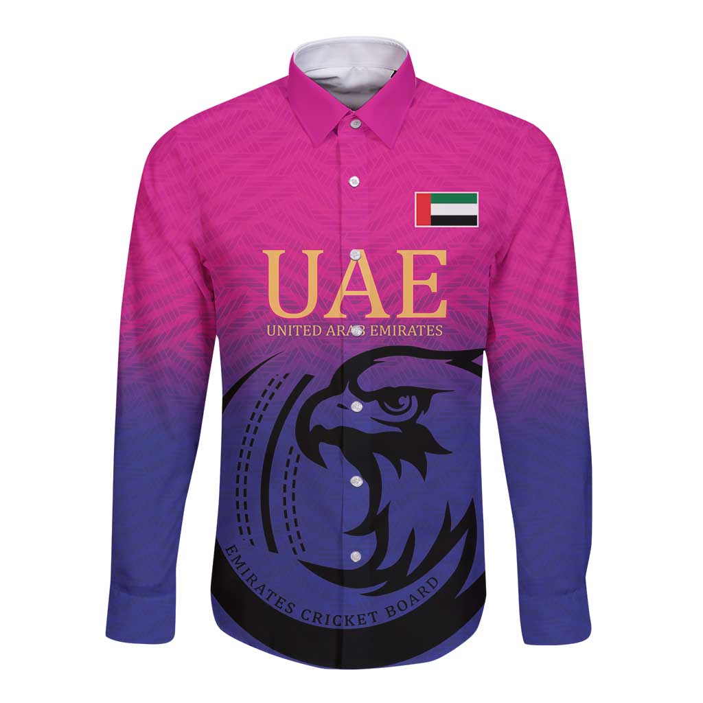 Pink long-sleeve button shirt with UAE text, falcon graphic and cricket board logo