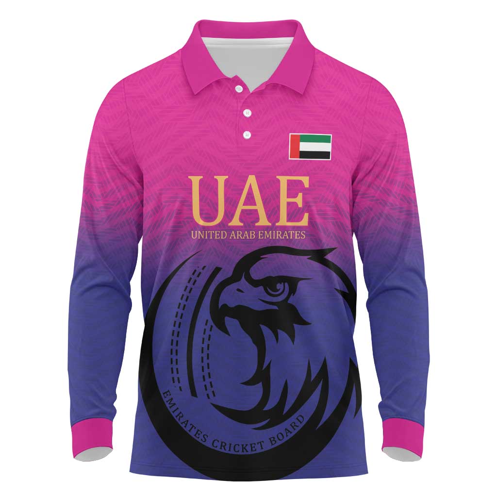 Custom UAE Cricket Long Sleeve Polo Shirt United Arab Emirates Falcon Sporty Pattern - Wonder Print Shop