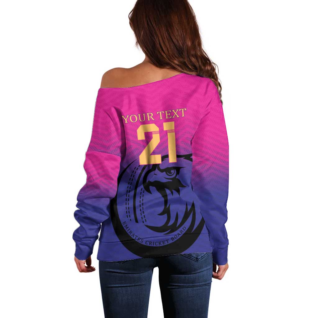 Women’s off-shoulder pink sweater with back text “YOUR TEXT” and falcon crest, long sleeves