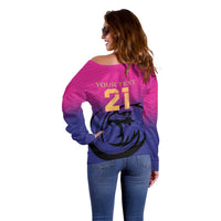 Women’s off-shoulder pink sweater with back “YOUR TEXT” 21 and falcon crest, long sleeves