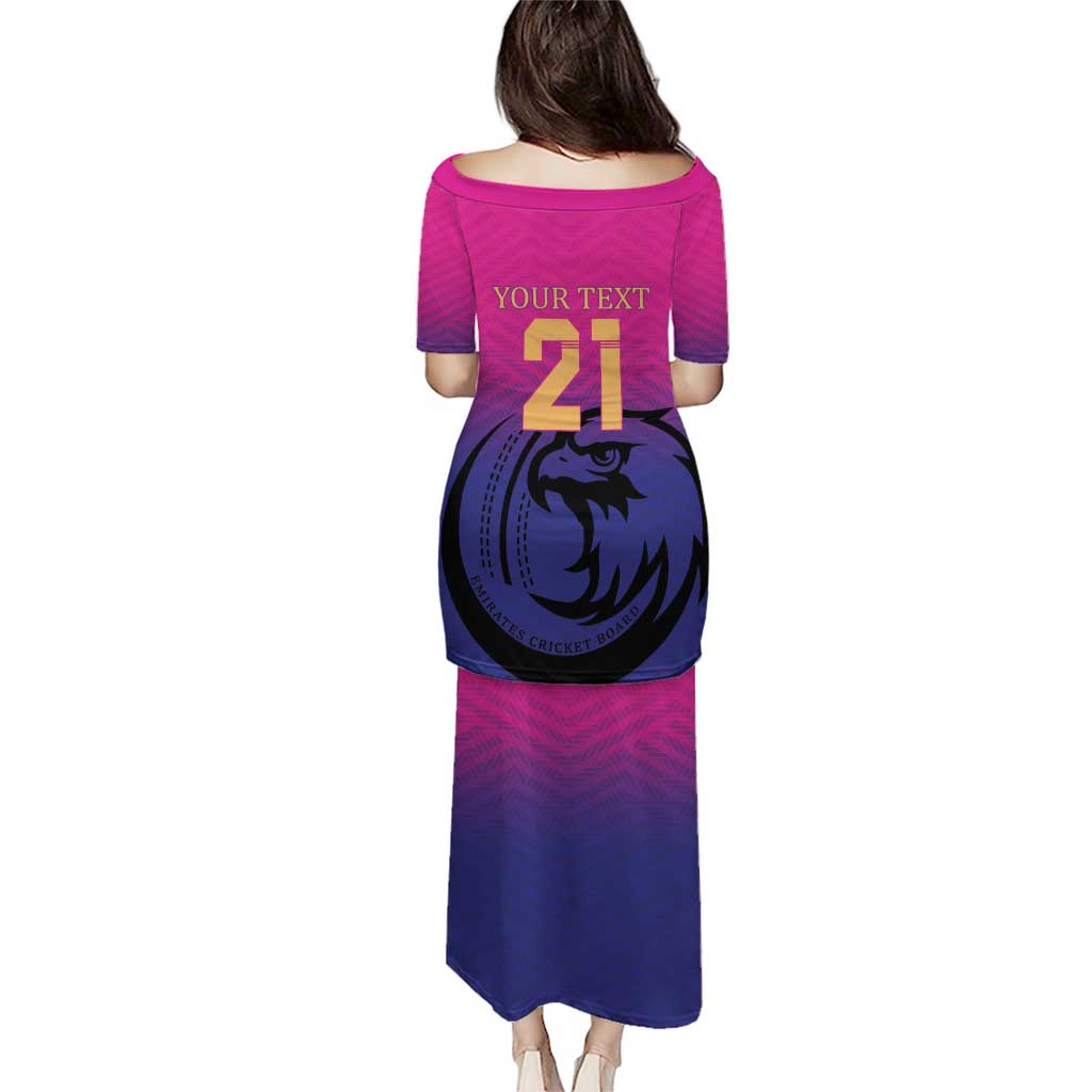 Pink long cricket dress, back view with YOUR TEXT 21 and falcon emblem