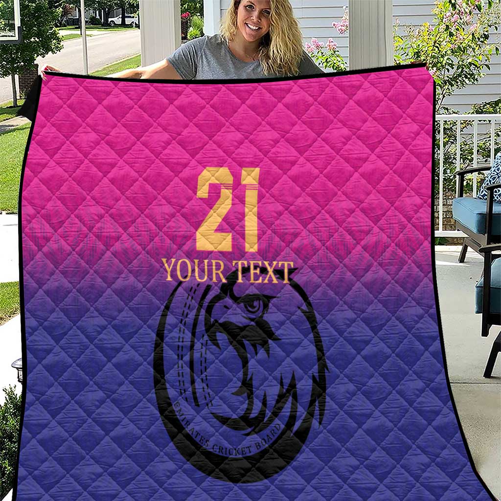 Custom cricket quilt with quilted pattern, pink-to-blue gradient, number 21 and falcon emblem