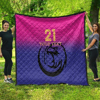 Custom cricket quilt, pink-to-blue gradient with quilted diamond texture, number 21 and falcon logo