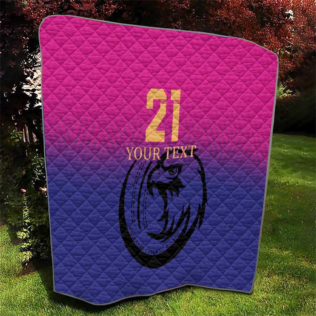 Custom cricket quilt, pink-to-blue diamond quilted design with number 21 and falcon emblem