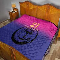 Custom cricket quilt on bedspread, pink-to-blue gradient, number 21 and falcon emblem
