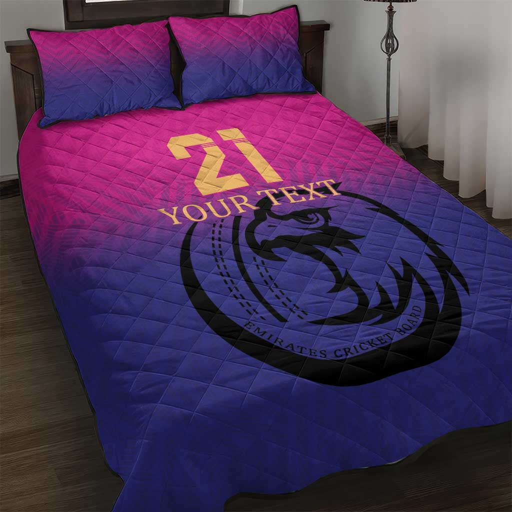Pink and blue cricket quilt bed set with falcon logo and gold number patch