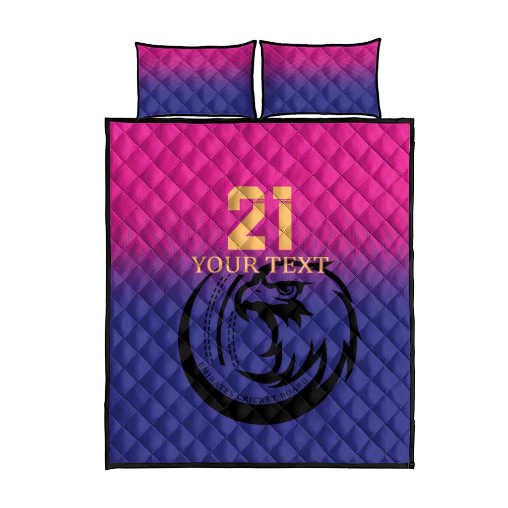 Cricket quilt bed set, pink and blue, falcon logo with gold number on front