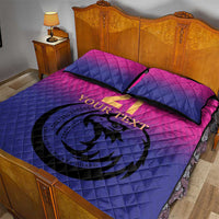 Pink and blue quilt bed set featuring falcon circle emblem and gold number detail